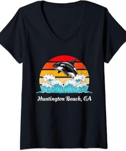 Womens Vintage Huntington Beach CA Distressed Orca Killer Whale Art V-Neck T-Shirt