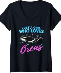 Womens Just A Girl Who Loves Orcas Watercolor Orca Whale Art V-Neck T-Shirt