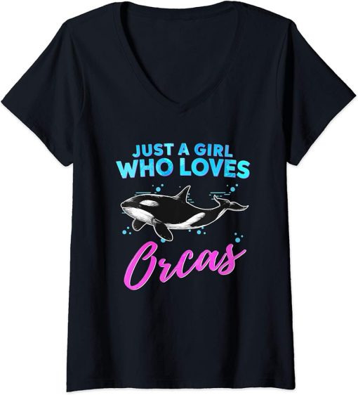 Womens Just A Girl Who Loves Orcas Watercolor Orca Whale Art V-Neck T-Shirt